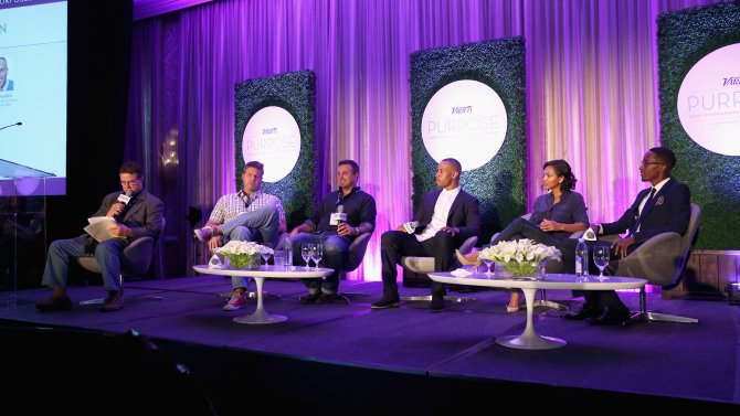 LOS ANGELES, CA - JUNE 25: (L-R) Director of the Cinema & Media Arts Program, Biola University Jack Hafer, producer Cale Boyter, director, writer, producer Michael Carney, producer DeVon Franklin, actress Meagan Good and President/CEO, L. PLummer Media Lemuel O. Plummer speak onstage during The 2015 PURPOSE: The Family Entertainment & Faith-Based Summit presented by Variety on June 25, 2015 in Los Angeles, California. (Photo by Jonathan Leibson/Getty Images for Variety)