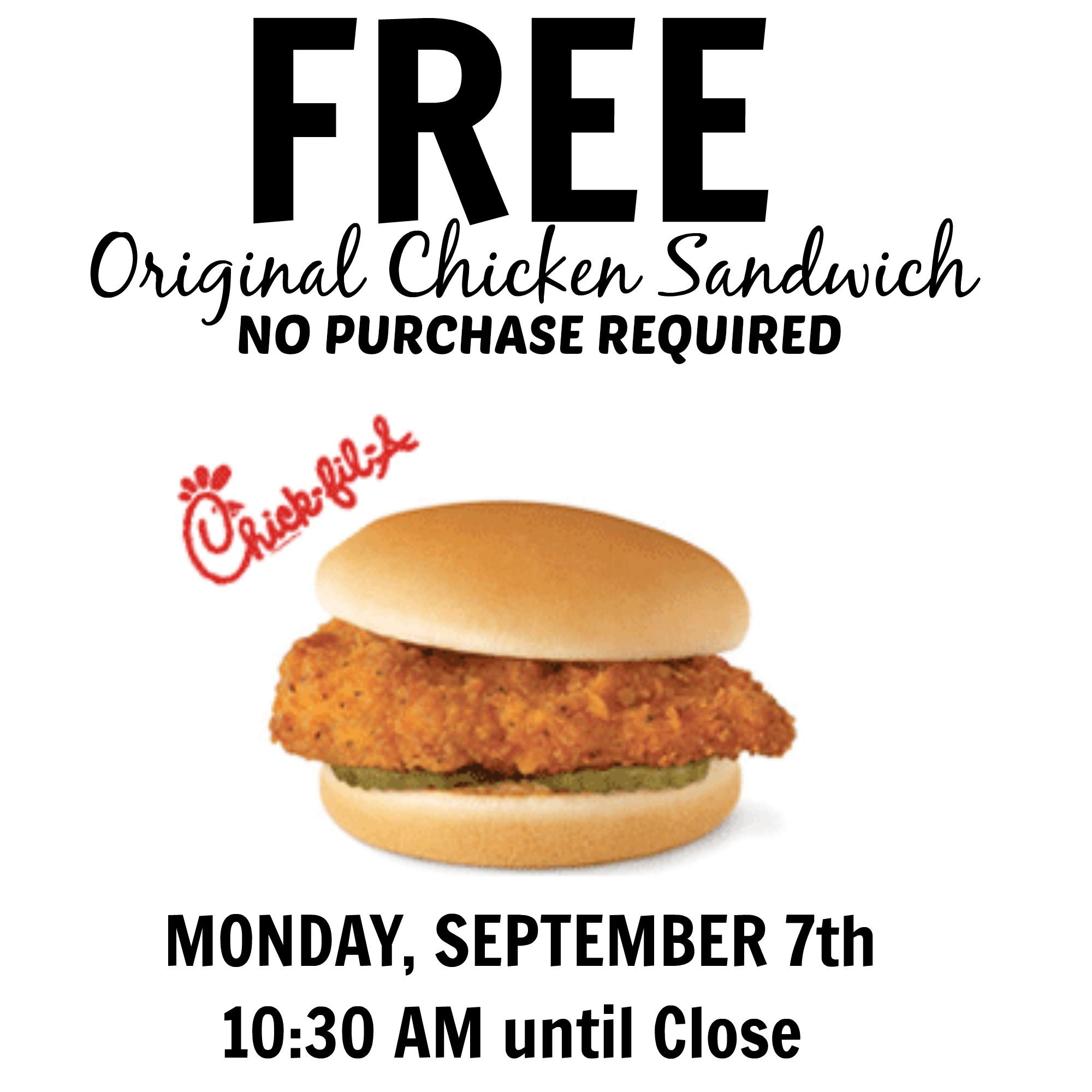 Free Chick Fil A Sandwich 9/7 From 1030am Until Close Sports, Hip