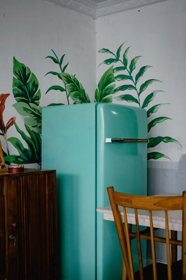 Dining room table and an old fridge