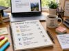 Student workspace with scholarship essay planning materials, checklist, notebook, laptop, and study supplies for college applications.