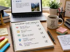 Student workspace with scholarship essay planning materials, checklist, notebook, laptop, and study supplies for college applications.
