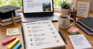 Scholarship Essay Checklist For High School Seniors, With Personal Story, Word Count, Tone, Examples, And Final Review Student workspace with scholarship essay planning materials, checklist, notebook, laptop, and study supplies for college applications.