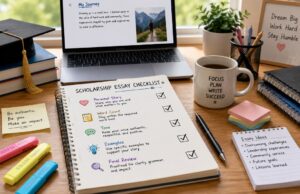 Student workspace with scholarship essay planning materials, checklist, notebook, laptop, and study supplies for college applications.