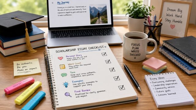 scholarship essay checklist for high school seniors Student workspace with scholarship essay planning materials, checklist, notebook, laptop, and study supplies for college applications.